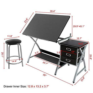 LCSA Drafting Table Drawing Table Adjustable Art Craft Desk w/Storage Drawers&Stool