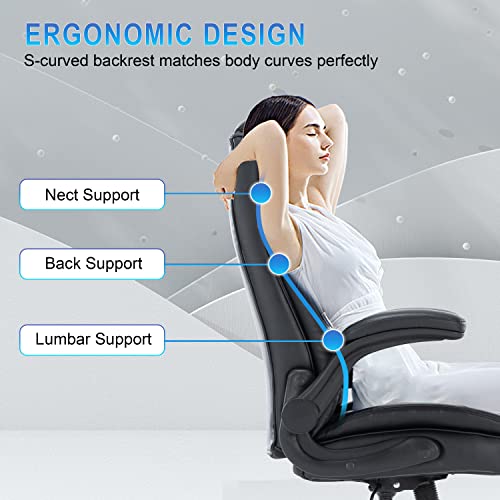 HESL Executive Office Chair with Adjustable Back Support, Ergonomic Design, Flip up Arms, Wheels, Faux Leather High Back - Black