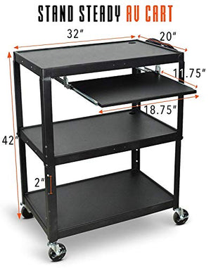 Line Leader Extra Wide AV Cart with Lockable Wheels - Adjustable Shelf Height - Includes Pullout Keyboard Tray and Cord Management (42 x 32 x 20 / Black)