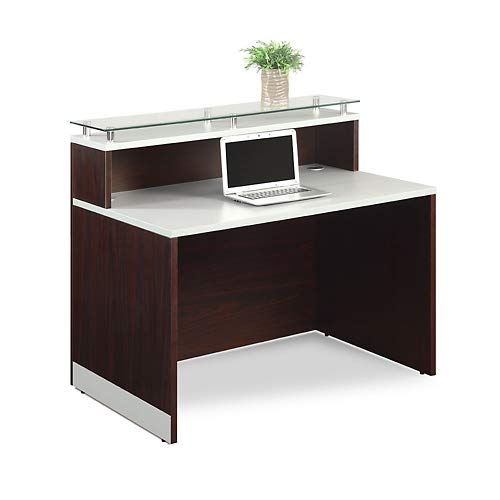 Esquire Glass Top Reception Desk 48"W x 32"D Mahogany Laminate/Silver Laminate Desktop Kickplate and Accents/Glass Top