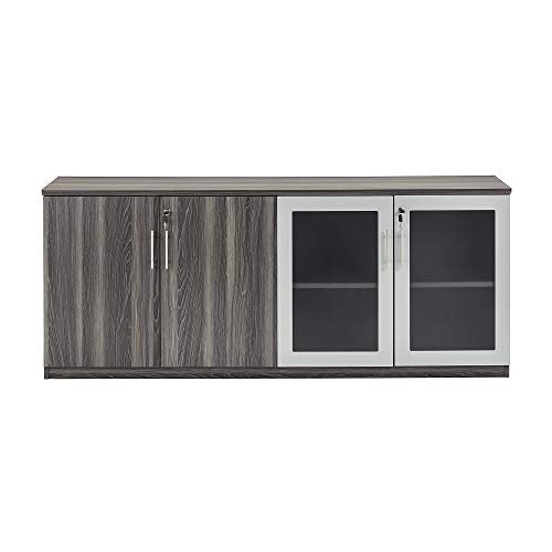 Safco Medina Modern Office Storage Wall Cabinet with Wood and Glass Doors, 72"W x 20"D x 29 1/2"H, Gray Steel