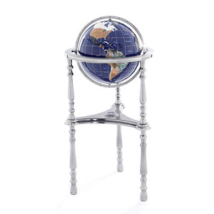 KALIFANO Large Gemstone Globe with Vibrant Polished Lapis Ocean and Mosaic Gem Continents on 37" Ambassador Antique Silver 3 Leg High Stand - World Globe with Floor Stand Office Decor