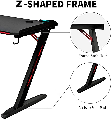 Gaming Desk, Arespark Computer Desk with 7 Mode LED Light, 55" Home Office Desks PC Desk Writing Desk, Gaming Table Workstation, Z-Shaped Computer Gaming Desk & Carbon Fiber Surface