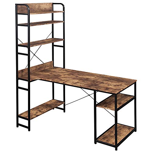 Modern Luxe L-Shaped Corner with Bookshelf 2-Pieces Computer PC Table Set Home Office Desk with Shelves, Brown