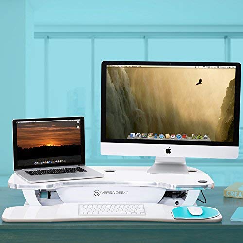 VersaDesk Power Pro USA Manufactured | Electric Height-Adjustable Desk Riser | Standing Desk Converter | Sit to Stand Desktop with Keyboard + Mouse Tray | 36" X 24" | All White