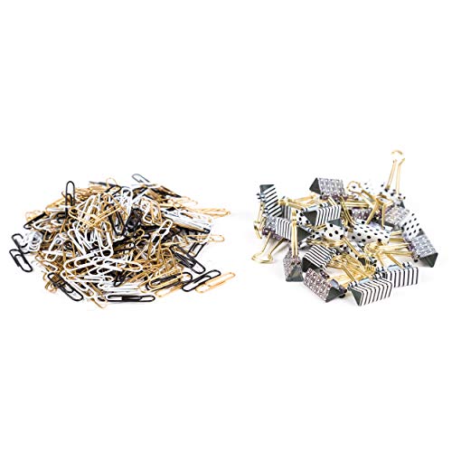 U Brand Mason Jar Paper Clips and Binder Clips Set, Classic Black & White with Gold Prongs, 2 Count