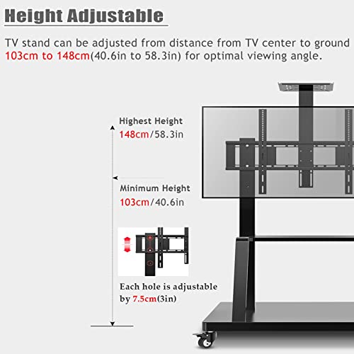 Generic Rolling TV Stand 50-75 Inch with Tray and Wheels, Black Heavy Duty Cold Rolled Steel Cart - 330Lb Capacity