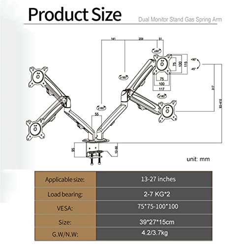 zlw-shop Dual Monitor Stand - Height Adjustable Gas Spring Double Arm Monitor Mount Desk Stand Fits Two 13~27" Screens, Each Arm Holds Up to 15.4lbs