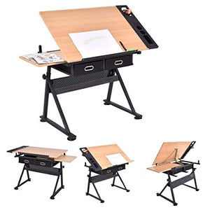Lgan Drafting Table with Storage, Height Adjustable Tiltable Art Desk, Maple Panel Drawing Desk, for Work Study Painting Craft Table