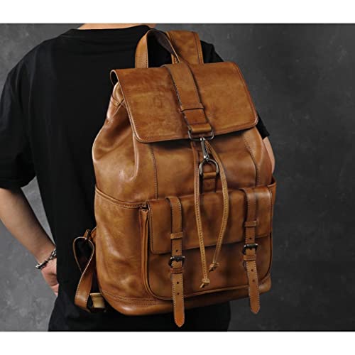 ADIE Retro Men's Large Capacity Backpack，Men Portable Genuine Leather Laptop Bag，First Layer Cowhide Travel、Business、Student Daypack (Color : Brown, Size : 14inchs)