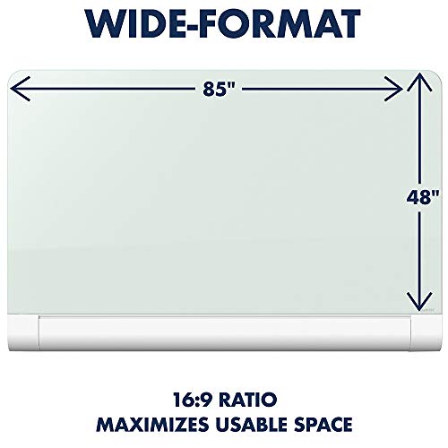 Quartet Magnetic Whiteboard, Glass White Board, Dry Erase Board, 85" x 48"  with Concealed Tray, Wide Format, Frameless, Horizon (G8548HT)