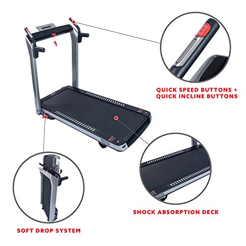 Sunny Health & Fitness ASUNA SpaceFlex Electric Running Treadmill with Auto Incline, LCD and Pulse Monitor, Speakers, Device Holder, 220 LB Max Weight, Folding and Transportation Wheels - 7750