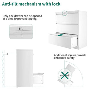 YITAHOME 3 Drawer Lateral File Cabinet with Lock, White - Legal/Letter A4 Size