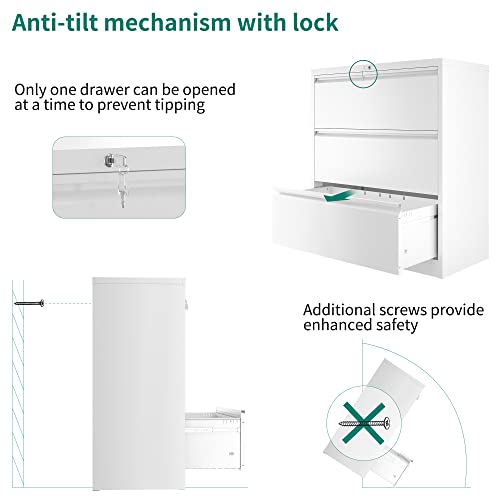 YITAHOME 3 Drawer Lateral File Cabinet with Lock, White - Legal/Letter A4 Size