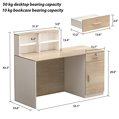 AGOTENI Reception Desk with Lockable Drawer & Open Shelf, Oak