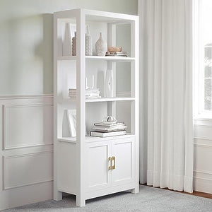 Martha Stewart Four Tier Shaker Bookcase with Storage Cabinet in White - Polished Brass Hardware