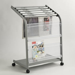 YANBI Magazine Holder Newspaper Display Rack with Wheels, Silver Mesh Desk Organizer Stand