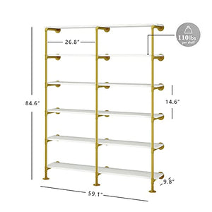 MAIKAILUN 6-Tier 60" Industrial Pipe Shelving, Gold Bookshelf - White/Gold Shelves - Modern Bookcase Metal - Mid Century - Wall Mount Decor - Living Room Retail Shelving (59.1x9.8x84.6)