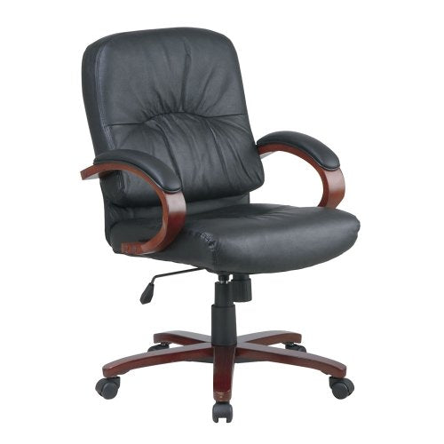 Mid Back Black Genuine Leather Executive Chair with Cherry Frame, NBF Signature Series Work Smart Collection