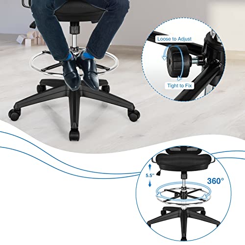 Mesh Drafting Chair with Adjustable Armrests & Footrest - Black