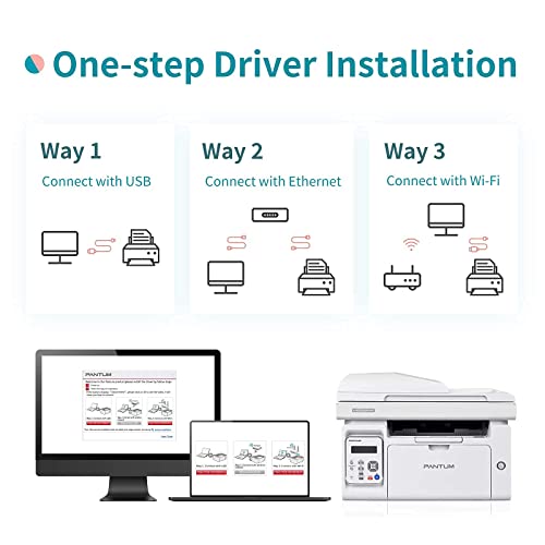 All in One Laser Printer Scanner Copier with Auto Document Feeder, Wireless Multifunction Black and White Laser Printer, Pantum M6552NW(W4G61A) White with PB-211 Toner