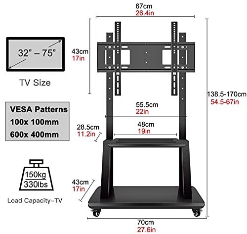 Generic Mobile TV Stand with Wheels & Av Shelf - Heavy Duty Black, Adjustable Height - Fits 32-75 Inch TV