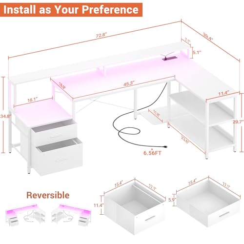 Aheaplus L Shaped Desk with File Drawer, Power Outlet, LED Strip - 72.8" Reversible Gaming & Office Corner Desk