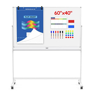 Large Magnetic Mobile Whiteboard with Rolling Stand - 60” X 40” Double Sided Easel Style Dry Erase White Board on Locking Wheels, Giant Standing Commercial Writing Board with White Aluminium Frame