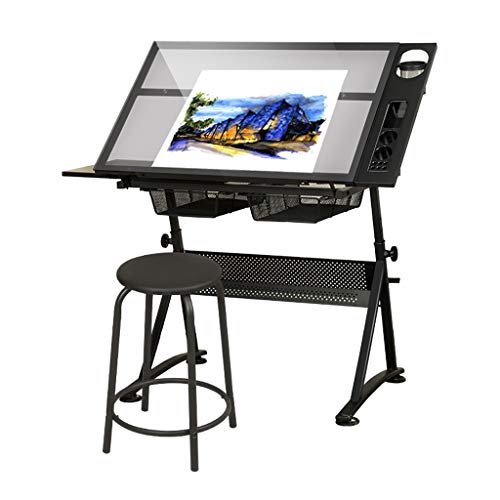 Lgan Tiltable Drawing Table, Adjustable Art Desk, with Storage Craft Table, Drafting Table Glass Panel, Child Adult Drawing Desk