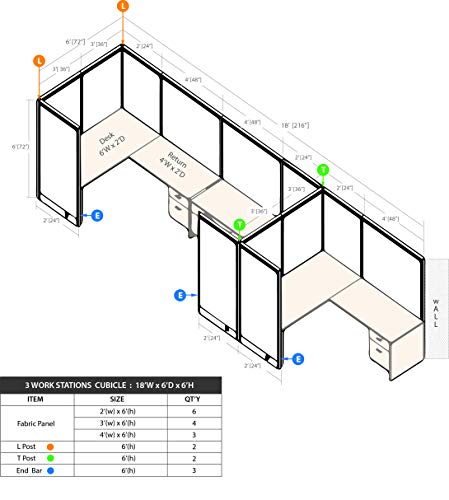 G GOF 3 Person Workstation Cubicle (6'D x 18'W x 4'H) - Walnut / Office Partition