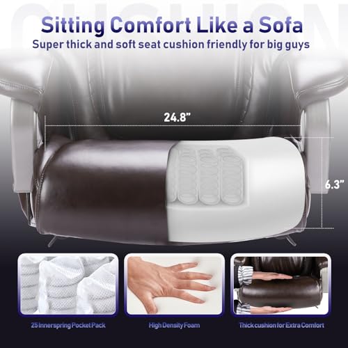 COLAMY Big and Tall Office Chair 500lbs-Heavy Duty Executive Computer Desk Chair, Ergonomic Leather, Adjustable Lumbar Support, Brown