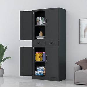 JINGUR Metal Storage Cabinet with Locking Doors, 2 Drawers & Adjustable Shelves (Black)