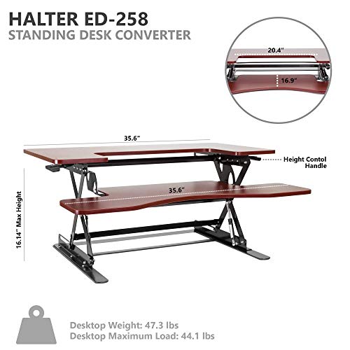 Halter Height Adjustable Pre-Assembled Standing Desk Converter, Elevating Desktop Riser, Standing Desk for Sit or Stand Computer Workstations, 36 Inches; Cherry