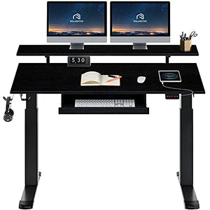 Rolanstar Standing Desk, Dual-Motor Adjustable Height Electric Stand Up Desk with Keyboard Tray, 47 Inch Home Office Desk with Whole-Piece Tabletop, Black