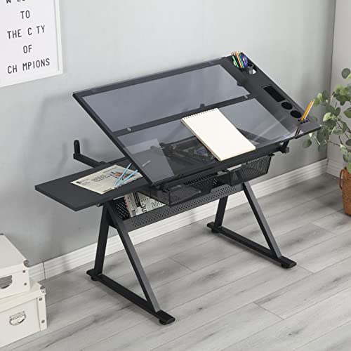 ZLECTIO Drafting Desk with Adjustable Tempered Glass Top and Chair