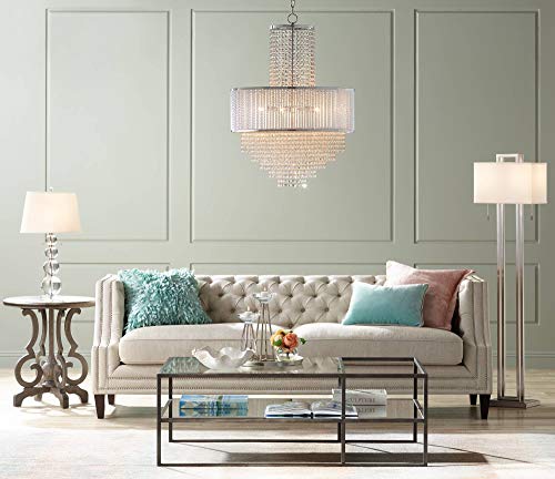 Possini Euro Design Double Tier Standing Floor Lamp 62" Tall Brushed Nickel Silver Rectangular Off White Shade