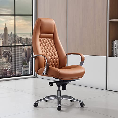 FURIJING Genuine Leather High Back Office Chair with Aluminum Swivel Base - Brown