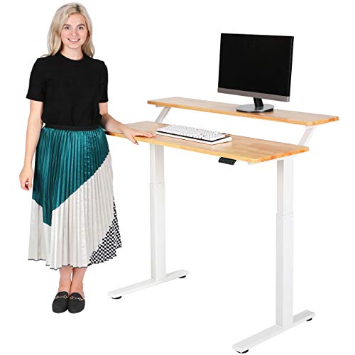 SDADI Electric Height Adjustable Standing Desk- 2 Tier Sit to Stand Office Desk Workstation with Rubber Wood Desk Top and Heavy Duty Steel Frame, White Frame/Light Grain Top