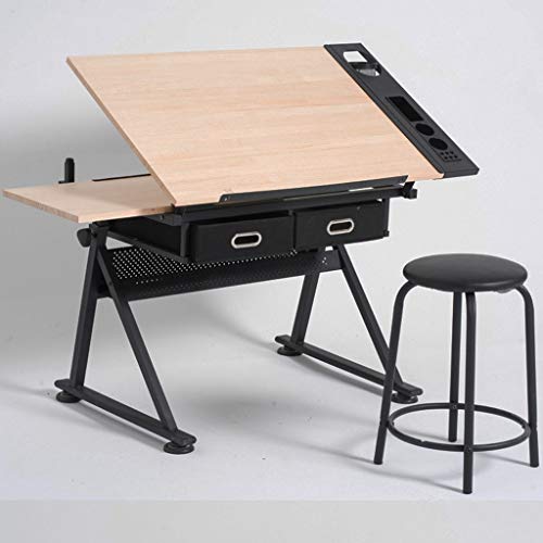 Lgan Height Adjustable Drawing Desk, Tiltable Craft Table with Storage, Maple Panel Art Desk, for Home Office Drafting Table