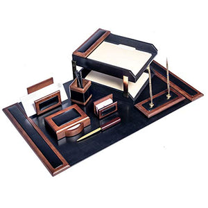 Dacasso Walnut and Black Leather Desk Set, 10-Piece