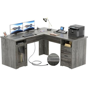 Unikito L Shaped Desk with Drawers, USB Charging Port, Power Outlet - 60 Inch, Black Oak