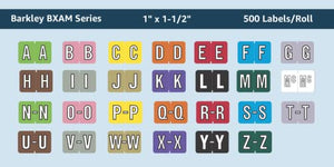 Doctor Stuff - File Folder Labels, Alphabet Letter, Complete Set A - Z, Plus Mc, with Tray, Barkley/Sycom FABKM - BXAM Series Compatible Alpha Stickers, 1" x 1-1/2", 27 Rolls, 500/Roll