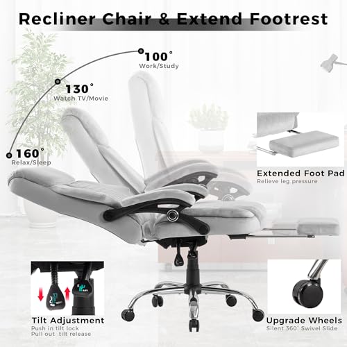 HOMYEDAMIC Velvet Ergonomic Office Chair with Footrest - Executive Computer Recliner (7013-Grey Upgrade)