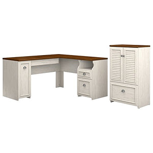 Bush Furniture Fairview 60W L Shaped Desk and Storage Cabinet with Drawer in Antique White and Tea Maple