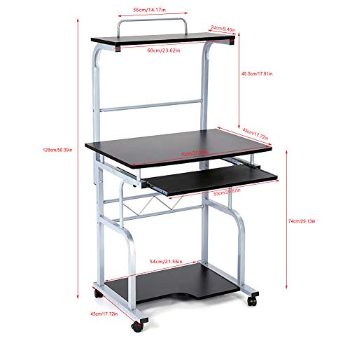 Portable Wooden Computer Desk Rolling Mobile Stand Workstation Laptop Table for Home Office Black