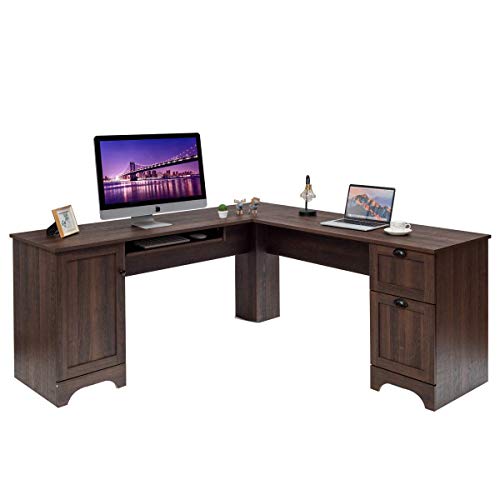 Tangkula 66.5” ×66.5” L-Shaped Desk, Modern Corner Computer Table with Drawers and Adjustable Shelf, Study Writing Table Workstation for Home Office (Coffee)