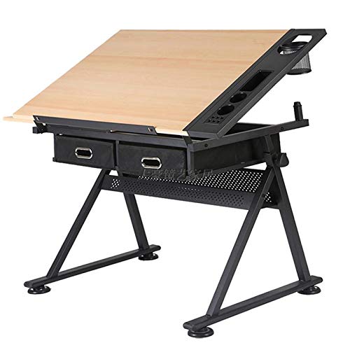 FLaig Drafting Desk with Tiltable Tabletop and Storage Drawers, Brown