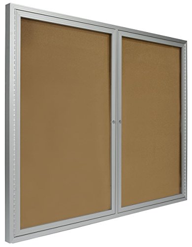 48x36 Enclosed Bulletin Board for Wall Mount with 2 Locking Swing-Open Doors, 4' x 3' Framed Cork Board Includes Wall Bracket, Silver Aluminum with Natural Cork Backing