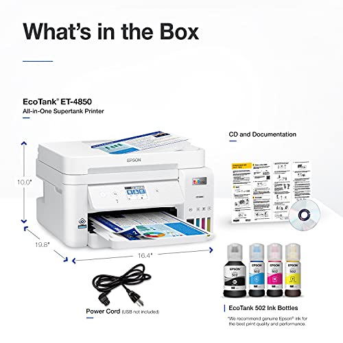 Epson EcoTank ET-4850 Wireless All-in-One Cartridge-Free Supertank Printer with Scanner, Copier, Fax, ADF and Ethernet – The Perfect Printer for Your Office - White