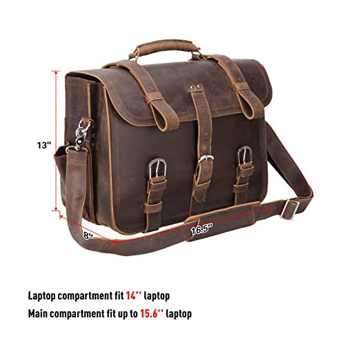 Polare Full Grain Leather 16'' Briefcase Shoulder Messenger Bag Fit 14-15.6'' Laptop Case For Men